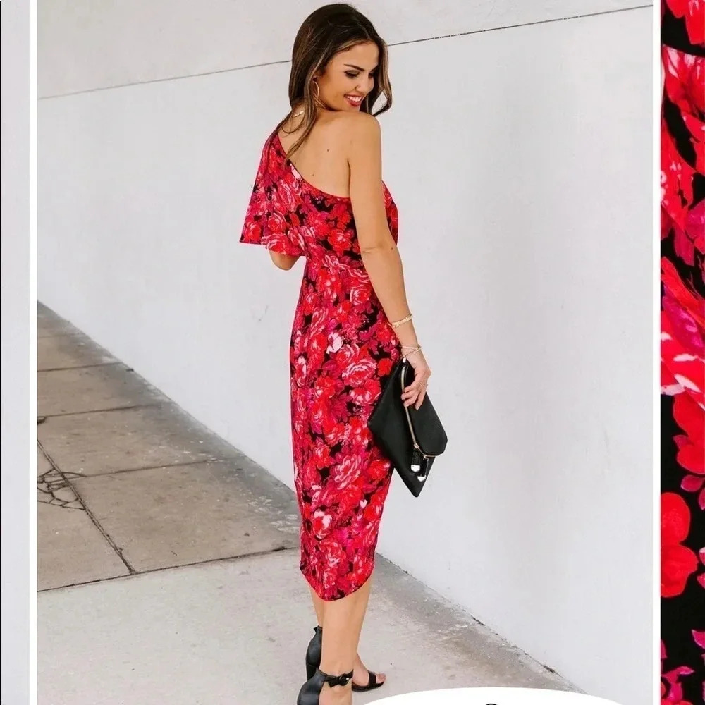 One shoulder floral drape dress - Picture 4 of 7